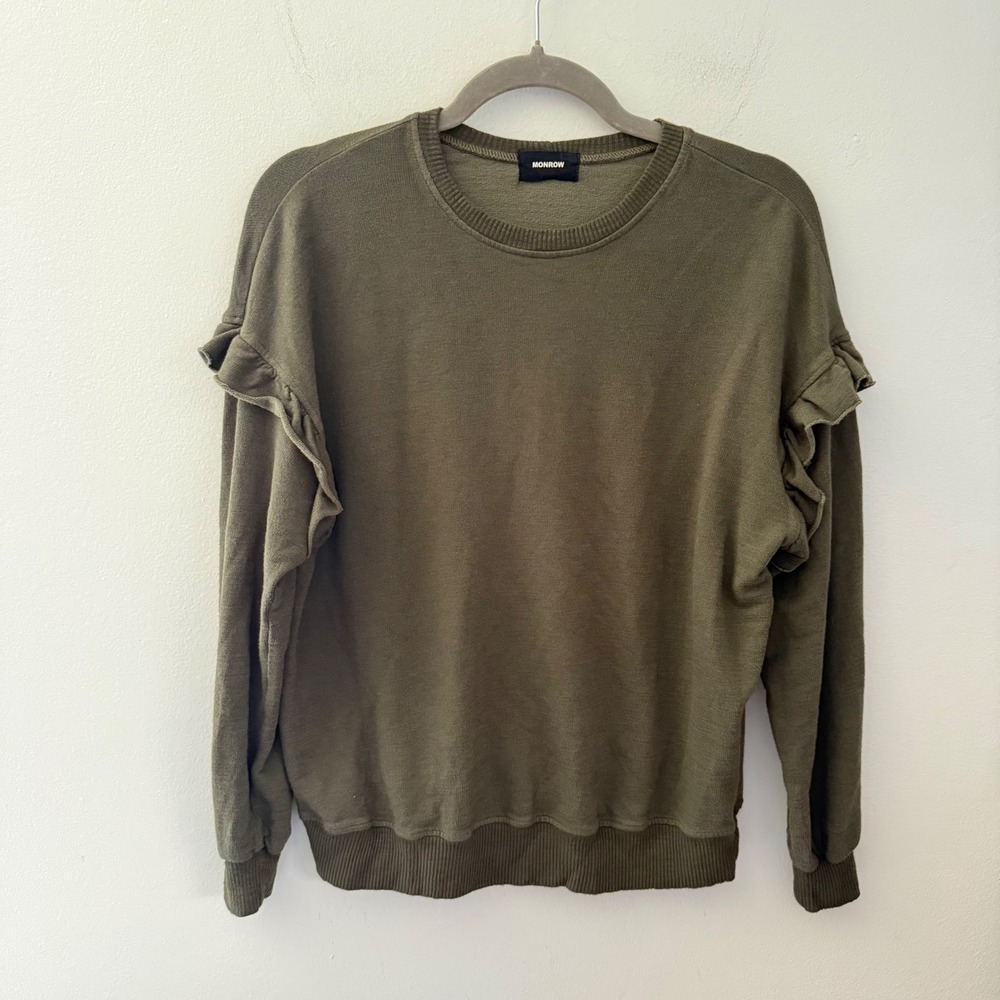 Monrow Olive Green Ruffle Shoulder Sweatshirt XS Rayon Blend Crew Neck Pullover